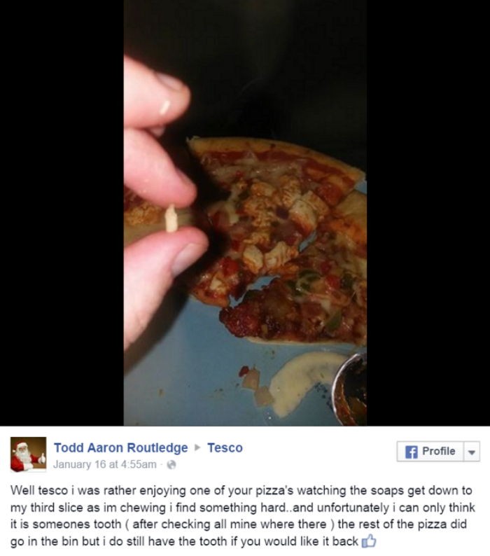 “마트서 산 피자에서 반쪽자리 이빨이 발견됐어요”