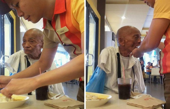 팔 없는 할아버지에게 음식 먹여주는 식당 알바생