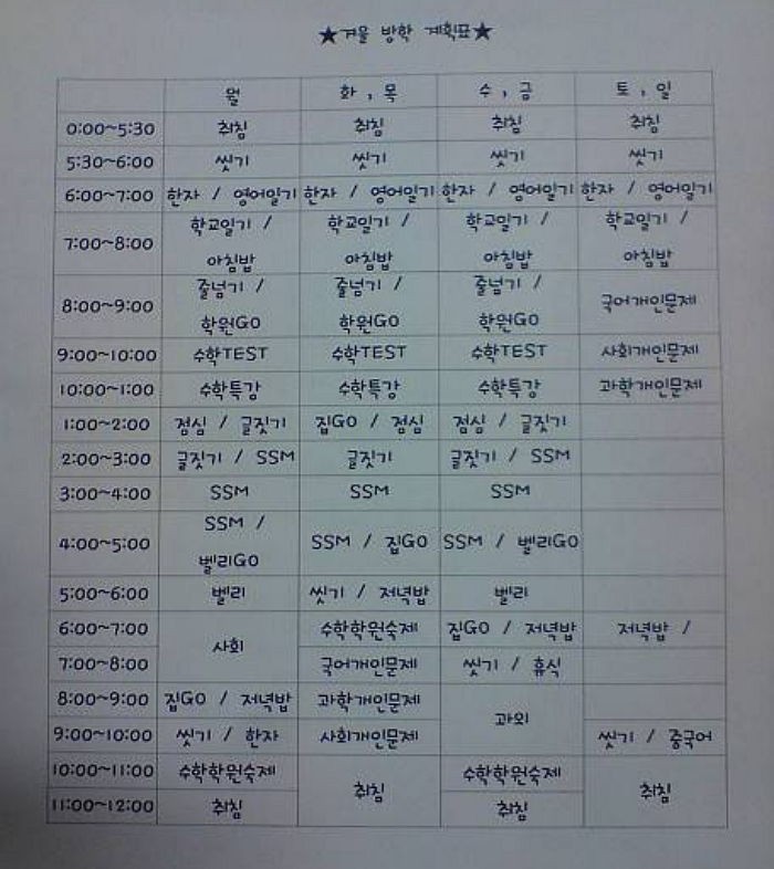 요즘 강남 초등학생의 겨울방학 계획표