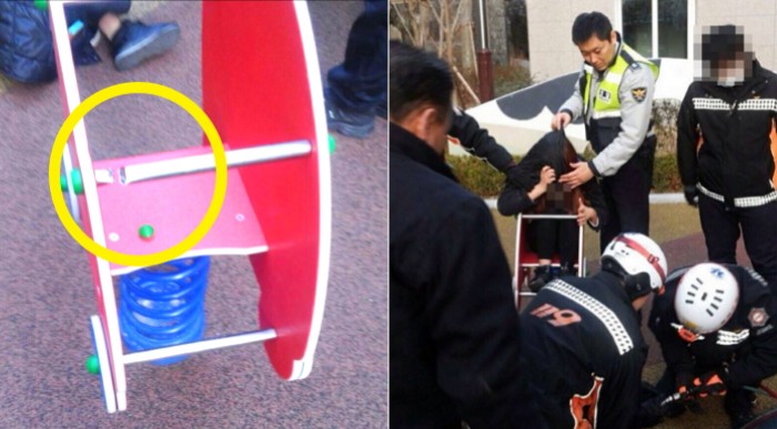 어린이 놀이기구에 엉덩이 끼어 119부른 큰 누나