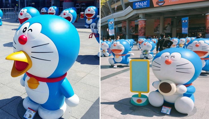 부산 사직운동장에 뜬 100마리 도라에몽