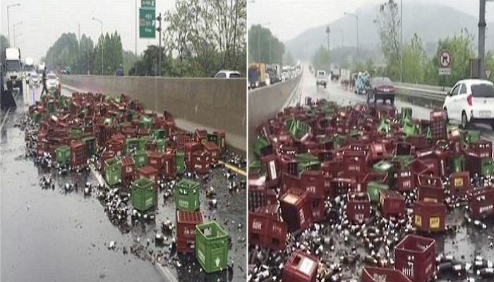 고속도로서 화물차 사고로 ‘맥주 1만 6800병’ 쏟아졌다
