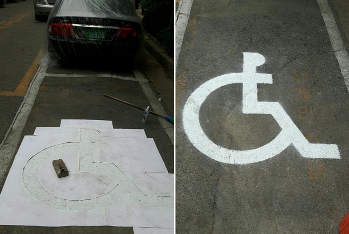 아파트 주차장에 ‘장애인 주차공간’ 손수 만든 주민 (사진)