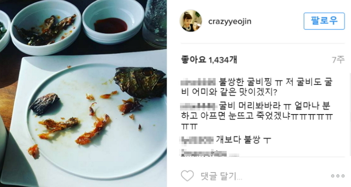 ‘개고기 논란’ 이후 최여진의 ‘굴비 사진’에 달리는 댓글들