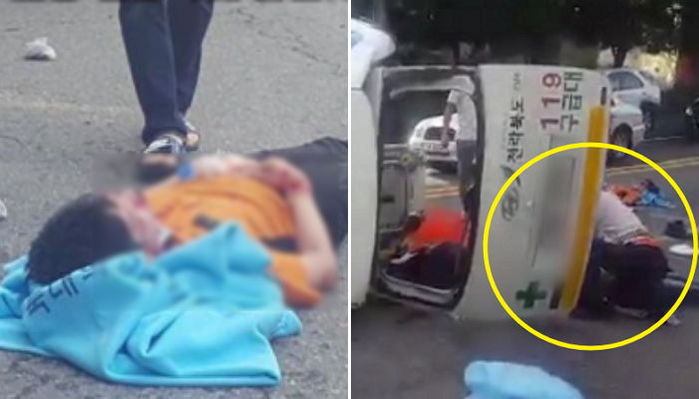 전복된 구급차서 나와 환자 심폐소생술 한 구급대원 (영상)