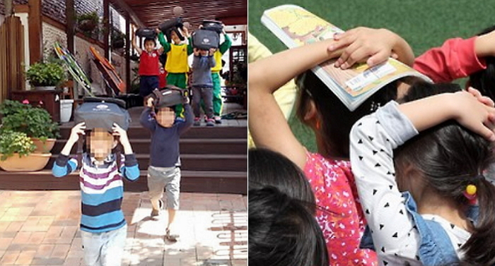 여진 오자 ‘책가방’으로 머리 가리고 대피하는 초등학생들