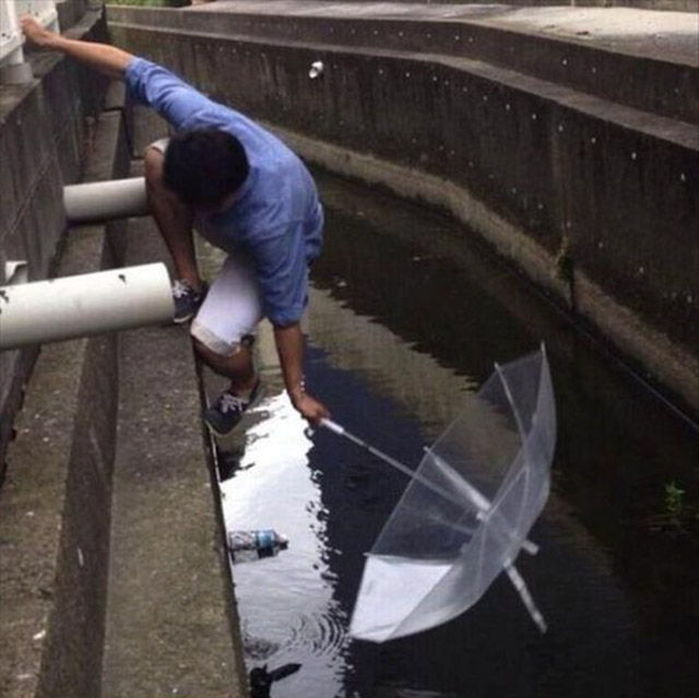 물에 빠져 죽어가는 아기 길고양이 ‘우산’으로 구한 청년