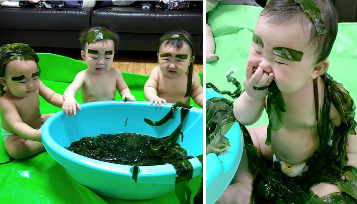 ‘미역’으로 짱구 눈썹 뽐내는 귀여운 ‘삼둥이’