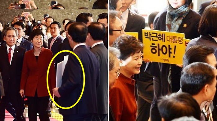 탄핵 피켓 보고 ‘미소’ 짓는 박근혜 대통령