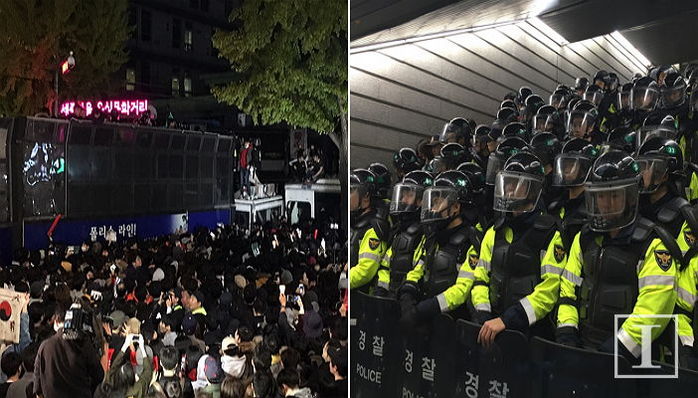 “경찰들도 동참해라” 길 막는 경찰에 함께 하자고 외치는 시위대 (영상)