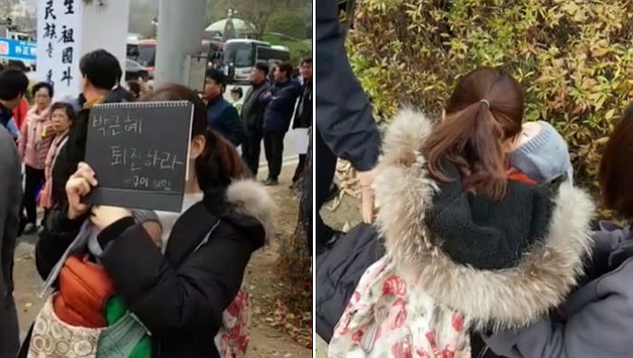 ‘박정희 탄신제’ 반대 시위 벌이다 봉변 당하고 우는 아기엄마