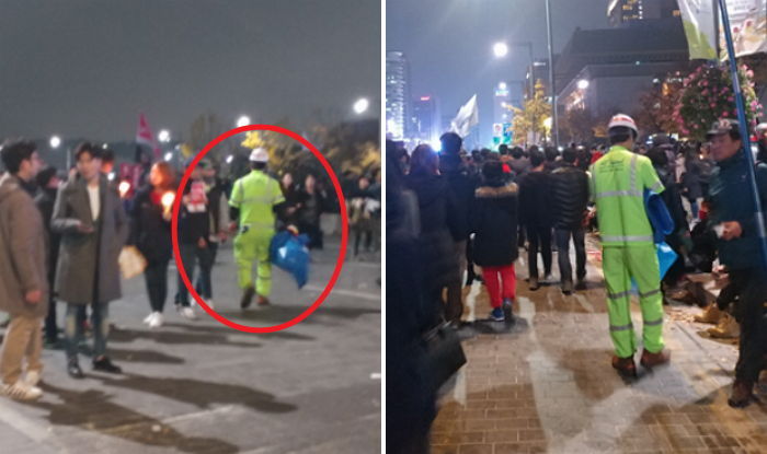 광화문 촛불집회서 할일 못 찾고 헤매는(?) 환경미화원 사진