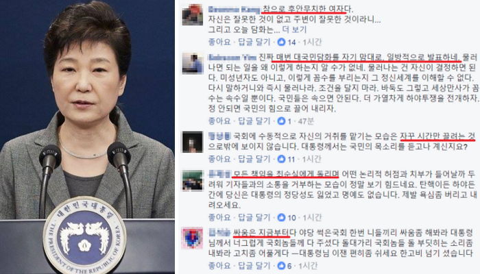 ‘박근혜 대국민담화’ 후 욕설 도배되는 청와대 페북 상황