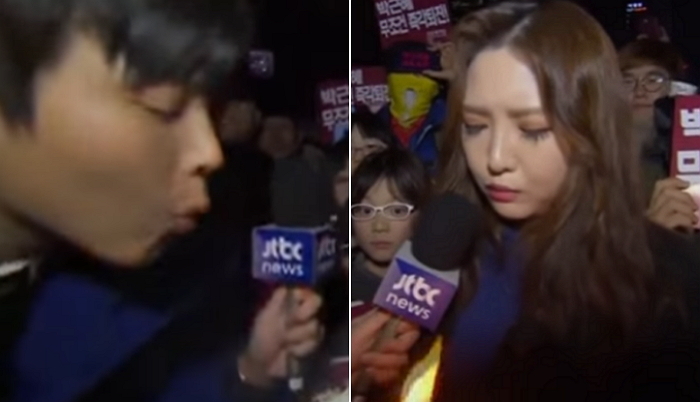 인터뷰 도중 불타는 종이컵 입으로 불어 꺼주는 JTBC 기자