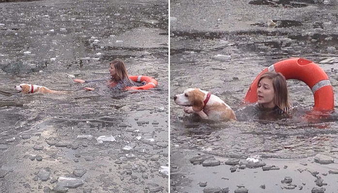 얼어 죽을 위기 강아지 살리려 얼음호수에 뛰어든 소녀