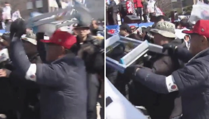 철제 사다리로 기자 머리 내려친 탄핵 반대집회 참가자 체포