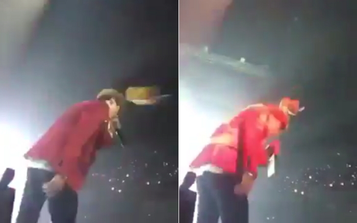 공연 중 팬이 던진 인형에 얼굴 맞고 화난 방탄소년단 진 (영상)