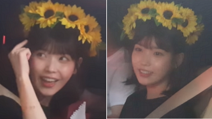 팬이 준 ‘꽃화관’ 바로 머리에 쓰고 끝까지 손인사하는 아이유  (영상)