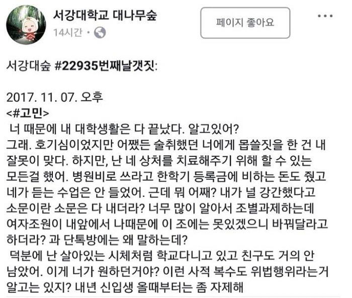 “내가 강간했지만 소문 낸 네가 더 나빠”…서강대 대숲 글