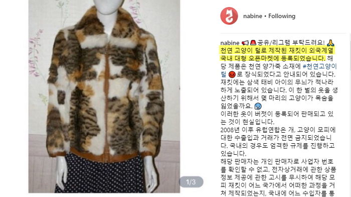 G마켓 쇼핑몰에 올라온 ‘고양이털’로 만든 재킷