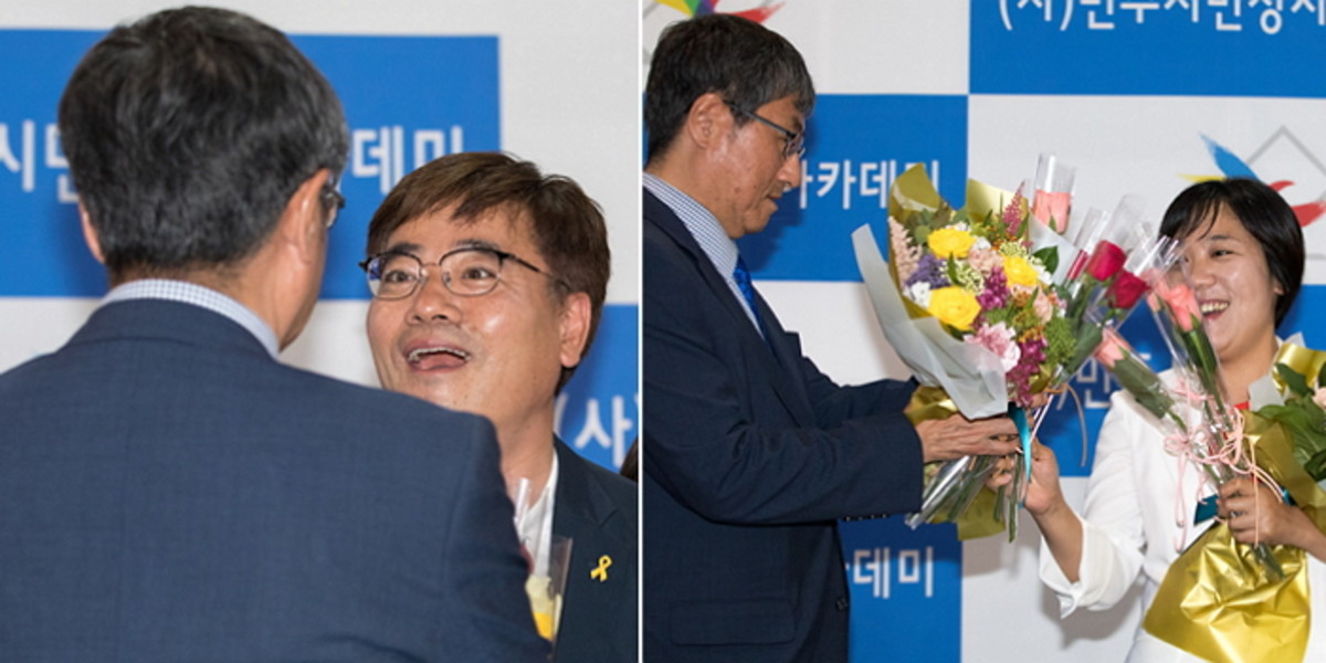 서로 꽃다발 주고 받으며 '응원'하는 서울시장 후보들 - 인사이트