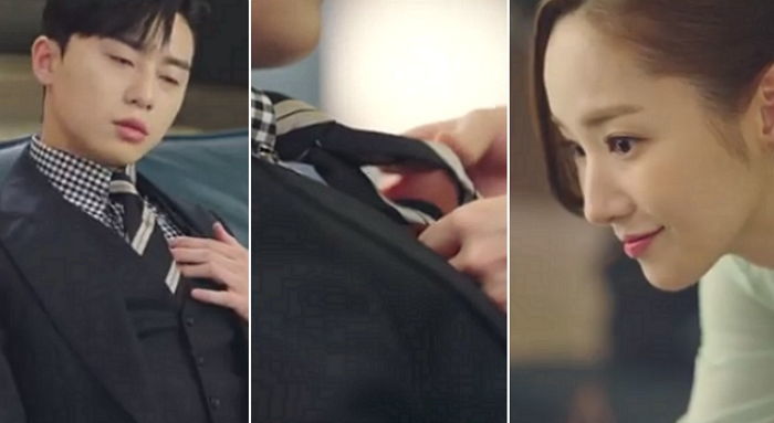 넥타이 정리해주는 박민영에 심쿵해 심장 움켜쥐는 ‘까칠+뻔뻔’ 재벌 2세 박서준