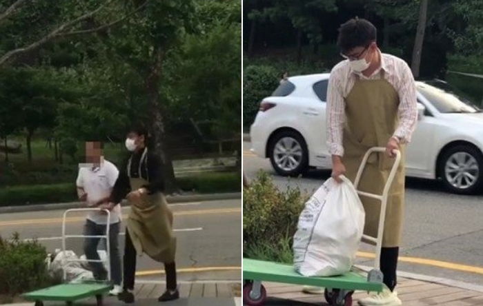 마스크 쓰고 용산구청서 쓰레기 치우고 있는 사회복무요원 ‘빅뱅’ 탑