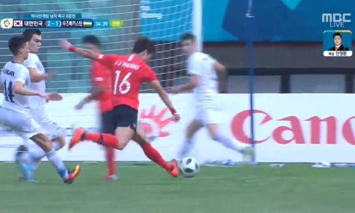 그림 같은 궤적으로 추가골 터트린 황의조, 전반 34분 한국 2-1 리드