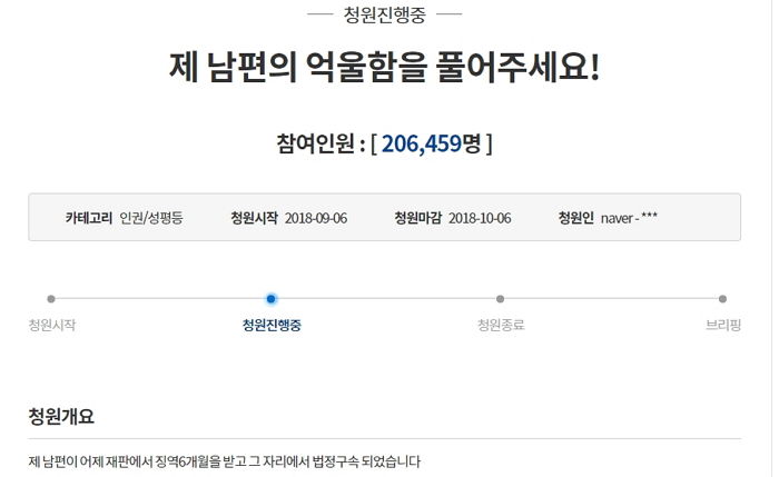 “성추행 누명 쓰고 남편이 구속됐다”···국민 청원 20만 넘어 ‘청와대’ 답 내놓는다