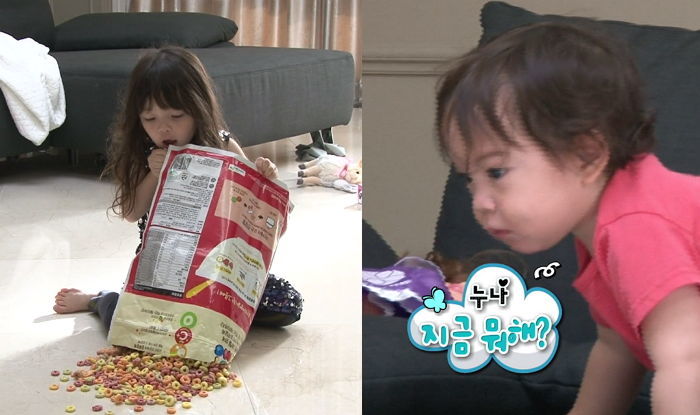 동생 건후 ‘엉덩이’에 붙은 시리얼도 맛있게 먹는 ‘동생 바보’ 나은이
