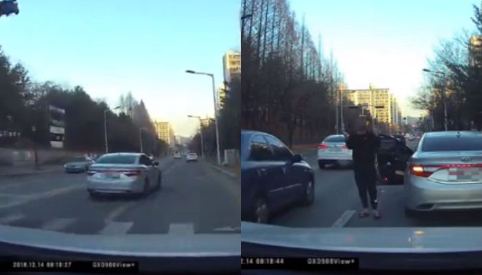 갑자기 끼어들어 클락션 울리자 차 세워놓고 길 한복판에서 박수 친 남성