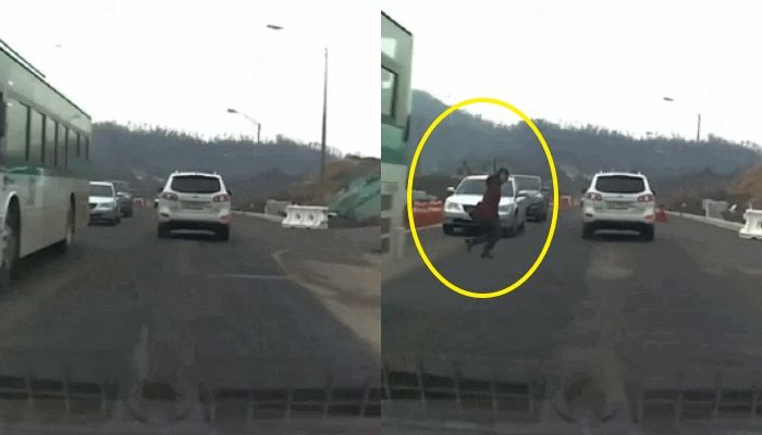 버스 뒤에서 ‘갑툭튀’해 무단횡단하며 운전자를 ‘사고 가해자’ 만들뻔한 여성