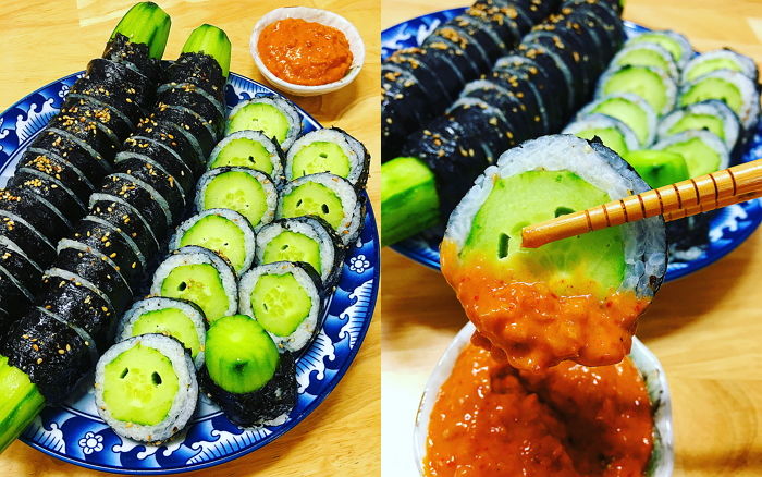 쌈장에 콕 찍어 먹으면 핵꿀맛이라는 아삭+짭짤 ‘통오이 김밥’