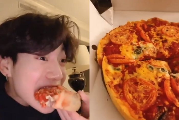 ‘방탄’ 정국이 치즈 쭉쭉 늘어나는 시카고 피자 먹고 너무 맛있어서 지은 표정