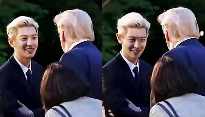 트럼프 대통령 손 꼭 잡고 여유롭게 눈빛 교환하는 엑소 찬열