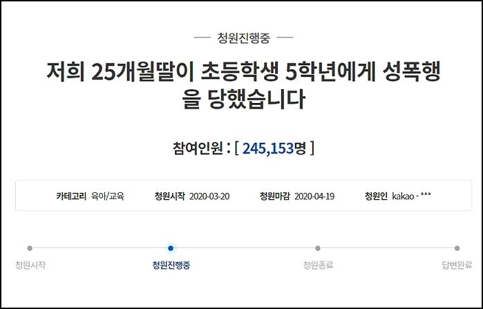 “25개월 딸이 초5 남학생에게 성폭행 당했습니다” 국민 청원, 20만 명 돌파