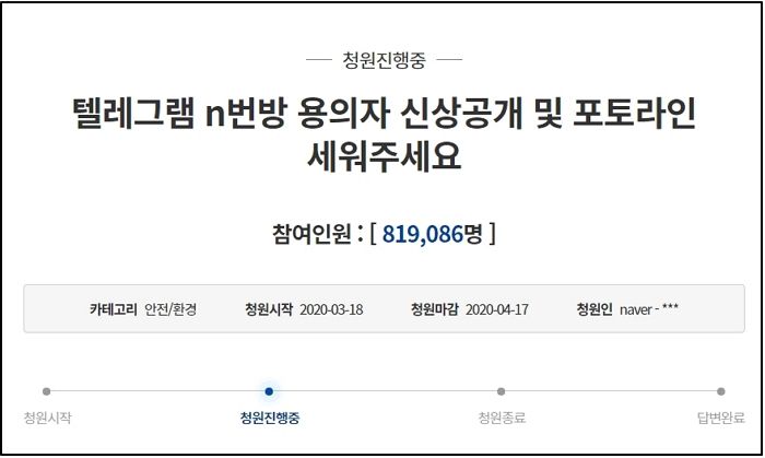 “텔레그램 n번방 용의자 ‘박사’ 신상 공개하라”···청원 참여인원 ‘80만명’ 넘었다