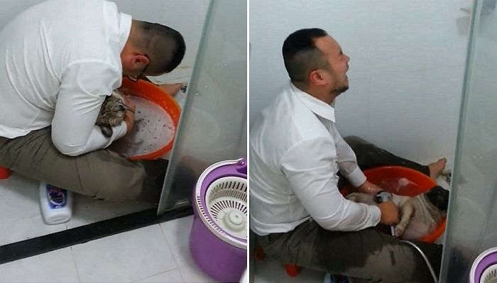 무지개다리 건넌 반려견 ‘마지막 목욕’ 시켜주다 울컥해 오열한 남성