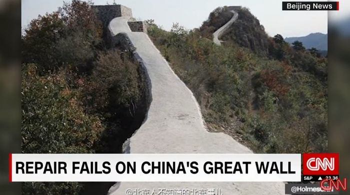 만리장성 보수공사한다더니 시멘트 범벅해 ‘둘레길’ 만들어버린 중국 (영상)