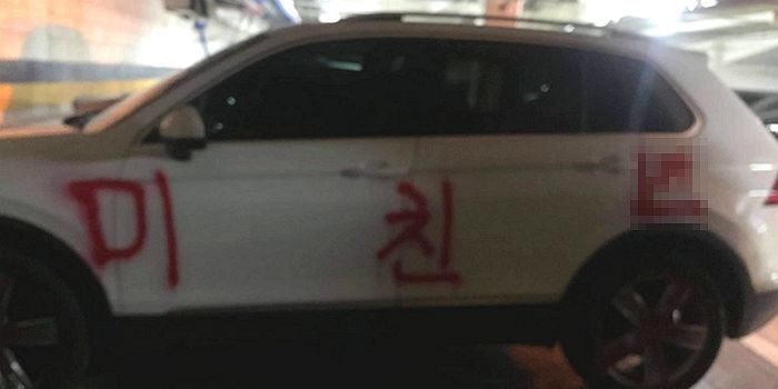 학교 주차장서 차에 시뻘건 스프레이로 ‘미친X’ 욕설 테러 당하고 오열한 여교수