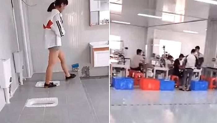 직원들 화장실에서 딴짓할까 봐 작업장 옆에 문 없이 변기만 설치한 중국 공장 사장