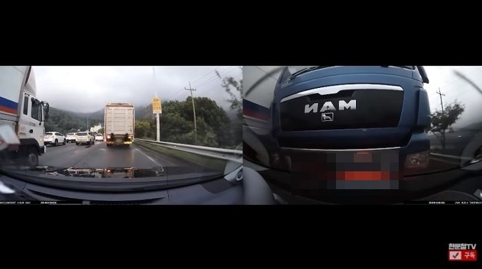 대형 트럭들 사이에 끼어 수십 차례 ‘후방추돌’ 당하다 겨우 탈출한 운전자 (블박영상)