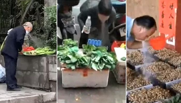 채소 신선하게 보이게 하려고 물 입에 머금고 뿌리는 노점상들 (영상)