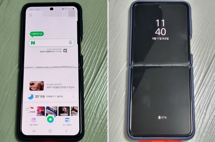 “갤럭시Z플립3 개통 2주만에 액정이 반으로 쫙 갈라졌습니다” (사진)
