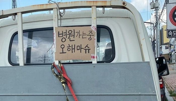말복날 화물차에 진돗개 태운 주인이 큼직하게 적어 붙인 ‘오해 금지’ 문구