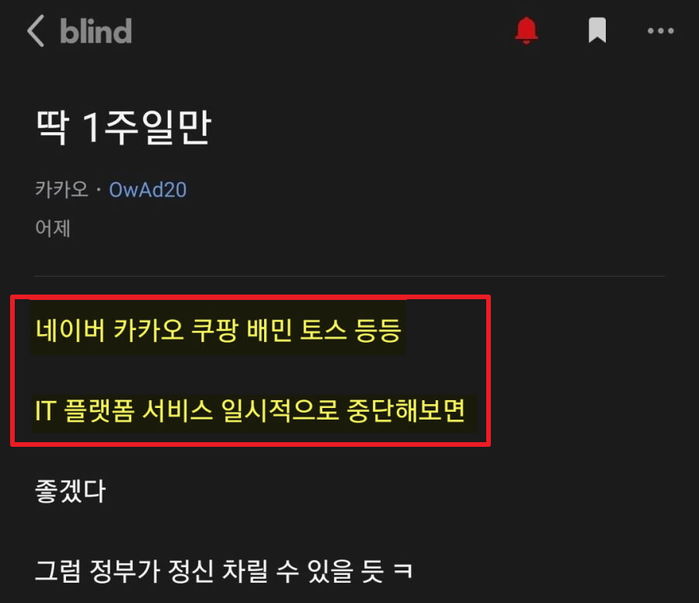 “카카오 1주일 서비스 중단하자”...카카오 직원 블라인드글에 다른 대기업 직원들 반응