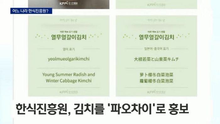 정부 예산 143억 받은 한식진흥원, 김치를 ‘파오차이’로 쓰라고 권장