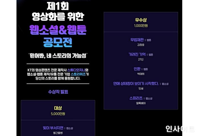 KT스튜디오지니, 스토리위즈 “제1회 영상화를 위한 웹소설·웹툰 공모전 수상작 선정”