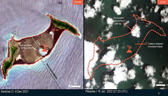 해저 화산 폭발로 섬 하나가 통째로 사라졌다...위성 사진으로 본 통가 현장