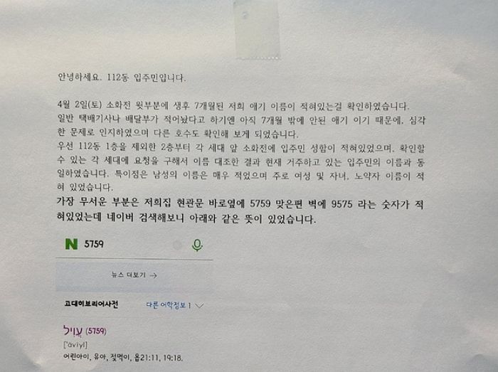 아파트 소화전에 ‘수상한 숫자+아기 이름’ 낙서한 범인 정체